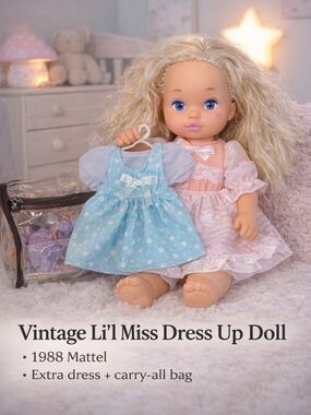 Vintage Mattel Li’l Miss Dress Up Doll 1988 13” w/ Dresses Bag